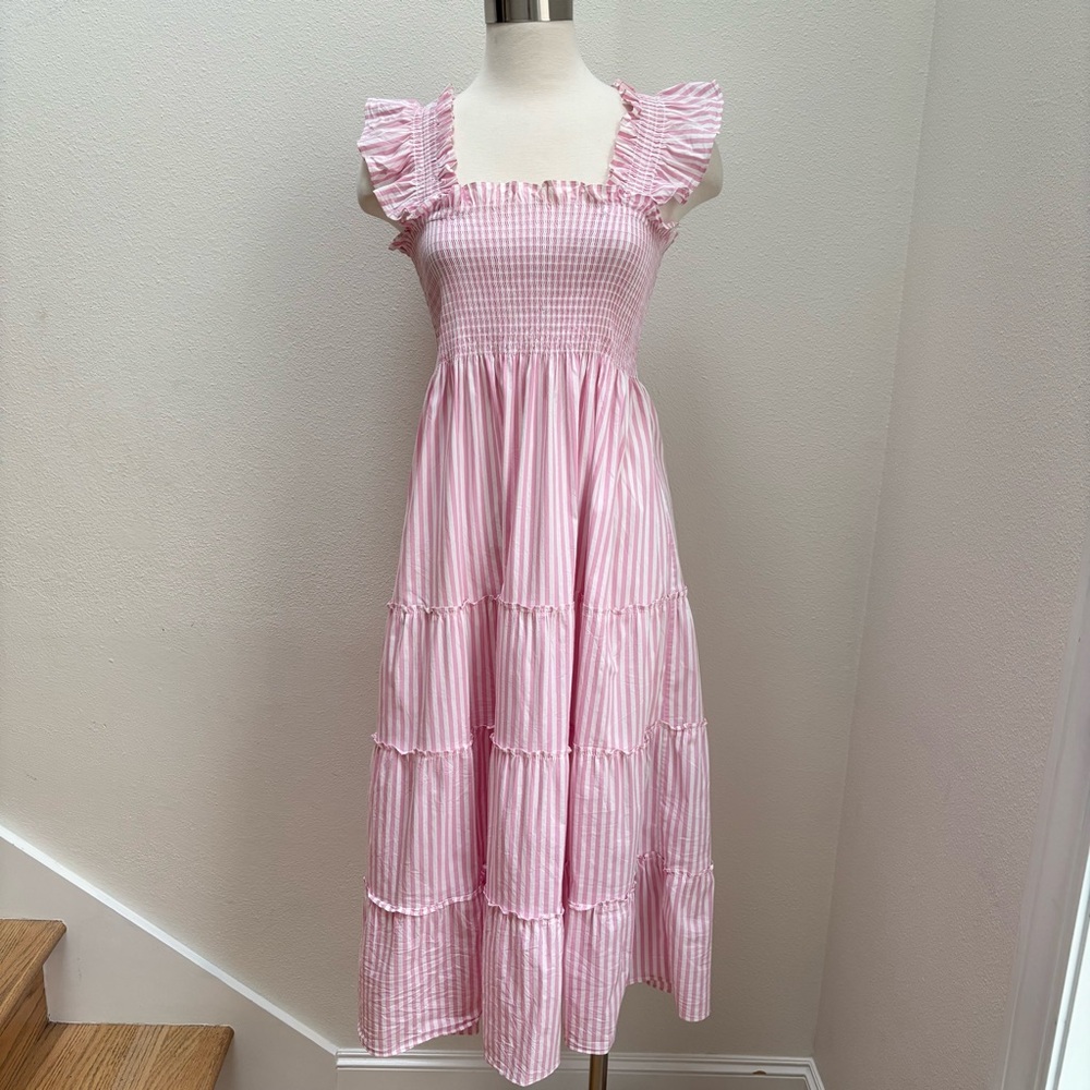 Hill House Ellie Nap Dress Tiered Smocked Striped Bubblegum Pink Size Small - Picture 2 of 10